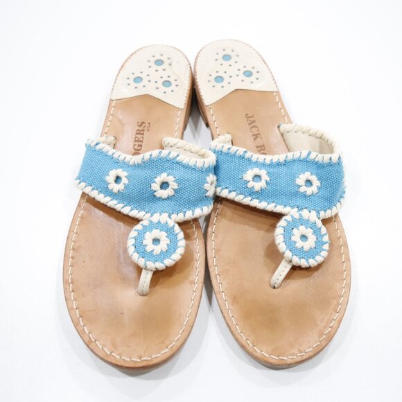Jack Rogers Palm Beach Blue & Cream Canvas Flat Thong Sandals - 10 - Picture 6 of 7